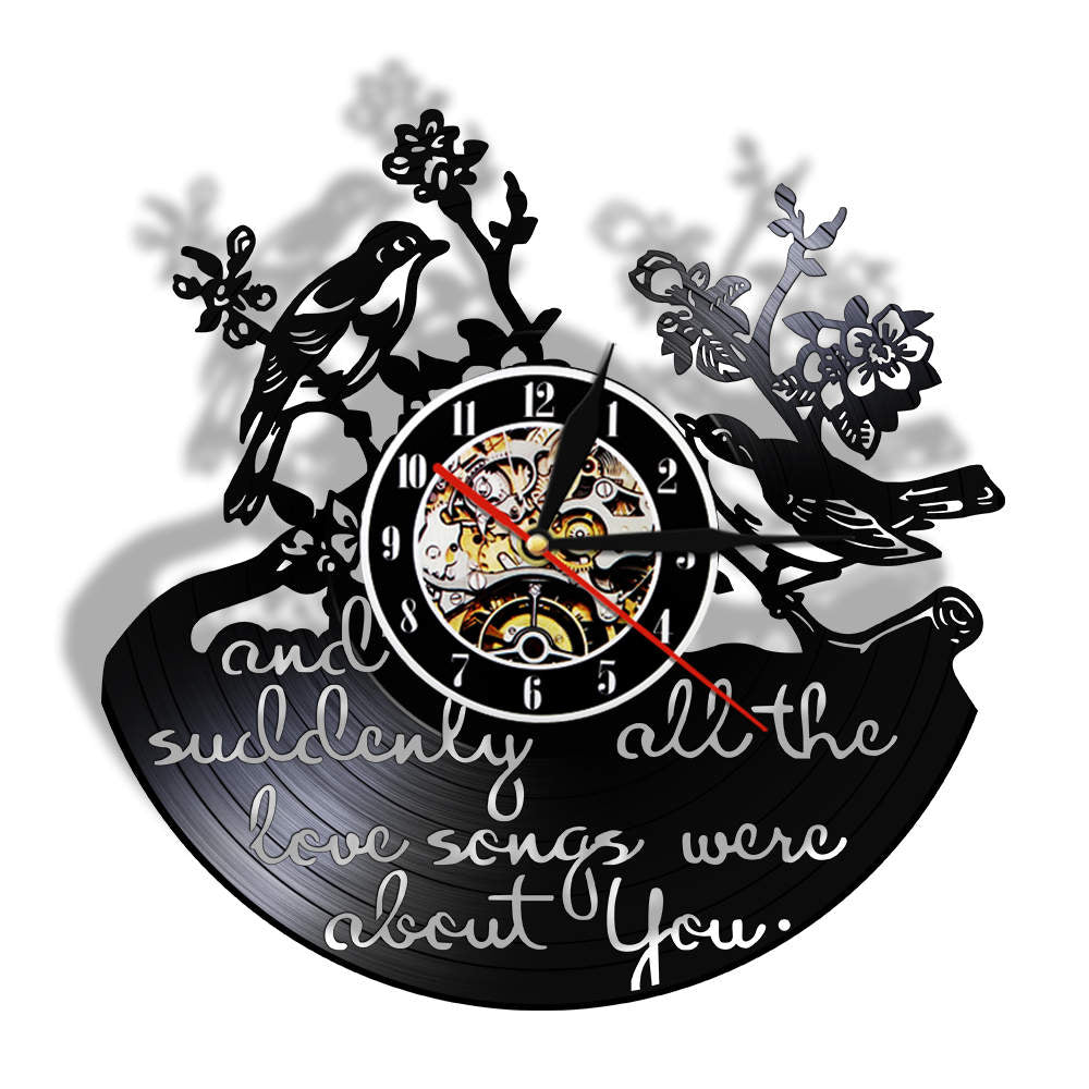 And Suddenly All The Love Songs Were All About You Inspirational Quote Vinyl Record Wall Clock Valentine Birds Retro by Woody Signs Co. - Handmade Crafted Unique Wooden Creative