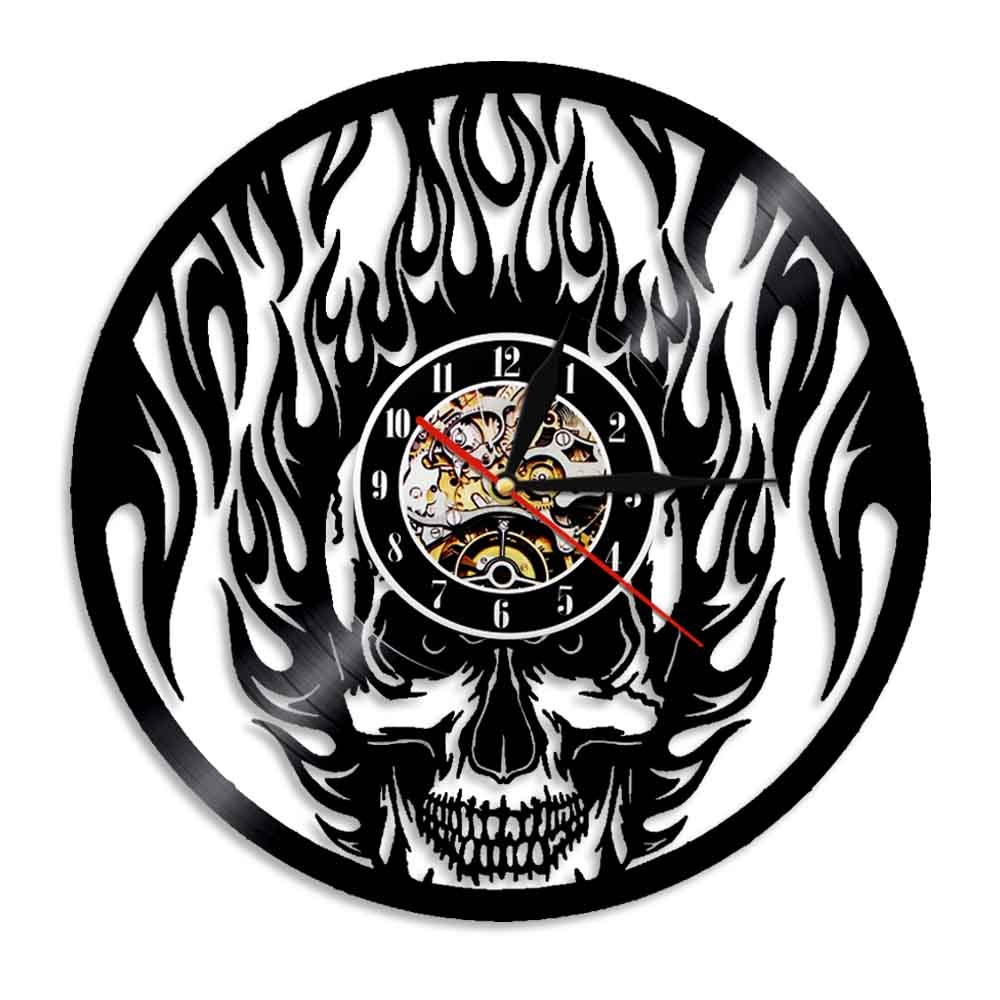 Flaming Skull Wall Clock Skull Head On Fire  Vinyl Record Wall Clock Fire Burning Skeleton Halloween  Clock by Woody Signs Co. - Handmade Crafted Unique Wooden Creative