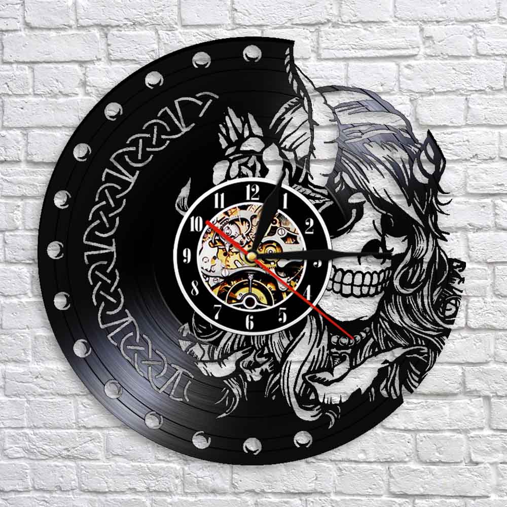 Mysterious Norse Magick Vinyl Record Mute Quartz Wall Clock Beauty Female Viking Skull Head Skeleton Girls Retro Hanging Watch by Woody Signs Co. - Handmade Crafted Unique Wooden Creative