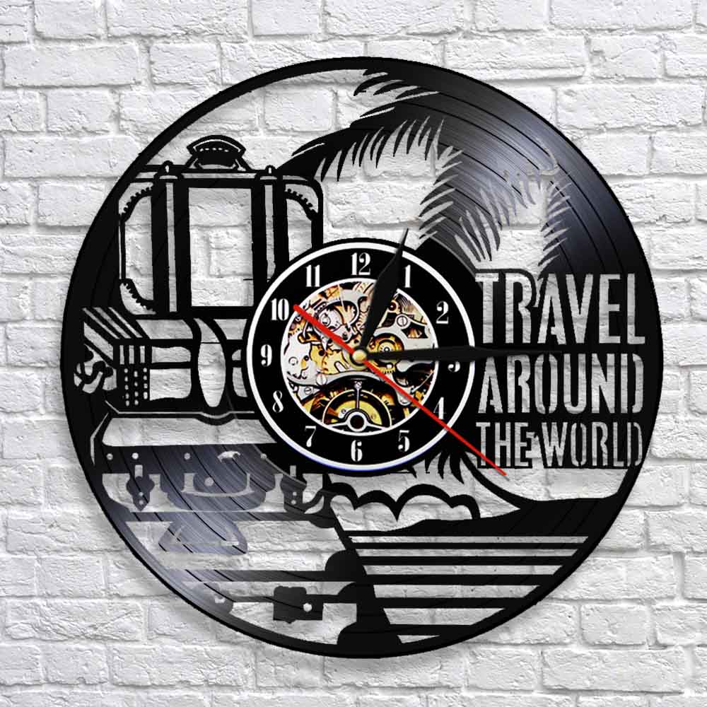 Travel Around The World Vacation Tourism Wall Clock Travel Doodles Vinyl Record Wall Clock Travel Planner by Woody Signs Co. - Handmade Crafted Unique Wooden Creative