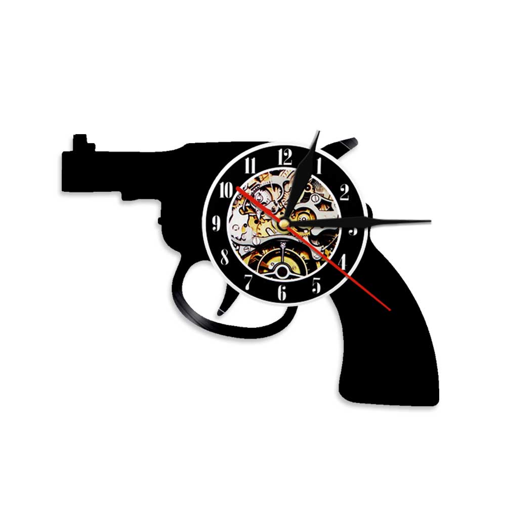 Revolver Design Vintage LP Record Gun Vinyl Wall Clock 3D Creative Art Wall Living Room  Handmade by Woody Signs Co. - Handmade Crafted Unique Wooden Creative