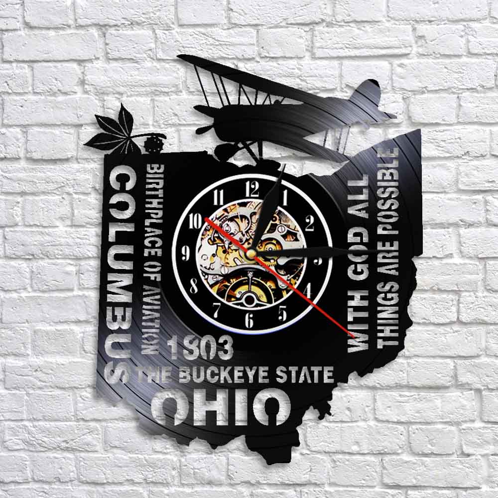 With God All Things Are Possible The Buckeye State Ohio Wall Clock Birthplace Of Aviation Columbus Vinyl Record Wall Clock Watch by Woody Signs Co. - Handmade Crafted Unique Wooden Creative