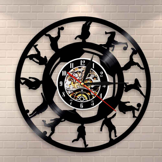 Vintage Football Players Silhouette Vinyl Record Wall Clock Soccer Kicking Ball LP Clock Watch Soccer Sports  Decoration by Woody Signs Co. - Handmade Crafted Unique Wooden Creative