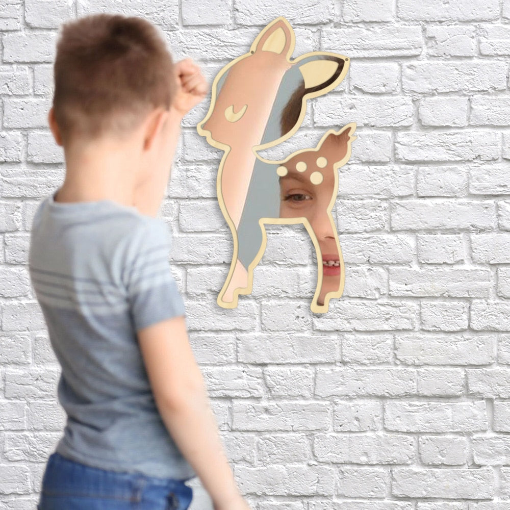 Cartoon Style Little Deer Acrylic Mirror and Wooden Back Nursery Baby Kid Room Decoration Hanging Wall Mirror Newborn Gift by Woody Signs Co. - Handmade Crafted Unique Wooden Creative