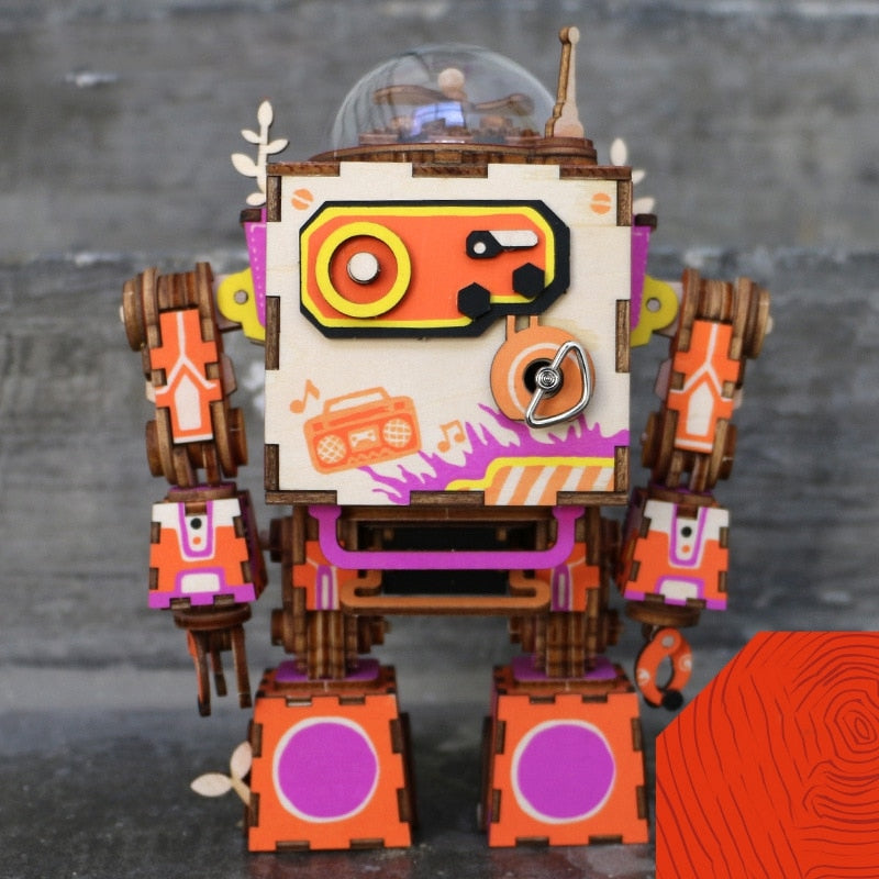 Limited Edition Colorful Robot Wooden DIY 3D Puzzle Game Steampunk Music Box Toy Gift for Children Lover Friends by Woody Signs Co. - Handmade Crafted Unique Wooden Creative