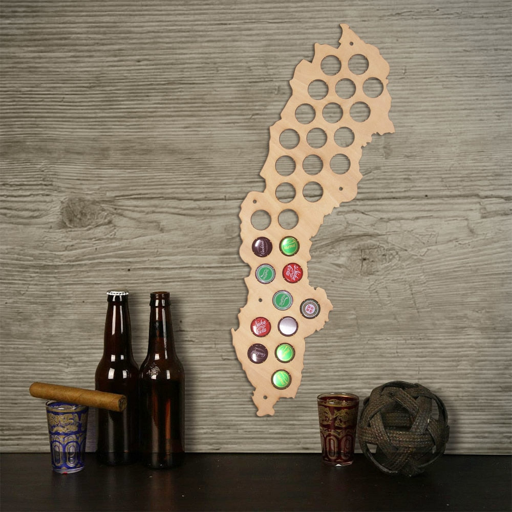 Sweden Wooden Map Bottle  Cap Map  Collect For Bar Club Cap Collectors Laser Engraved Hanging  Decoration by Woody Signs Co. - Handmade Crafted Unique Wooden Creative