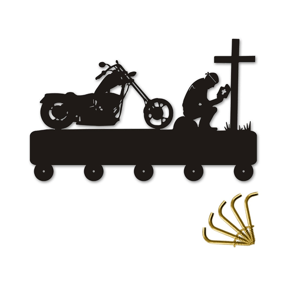 Biker Praying At Cross Motorcycle Wall Hook For Clothes Bag Keyring Creative Hanger Motorbike Riders Motorcyclist by Woody Signs Co. - Handmade Crafted Unique Wooden Creative