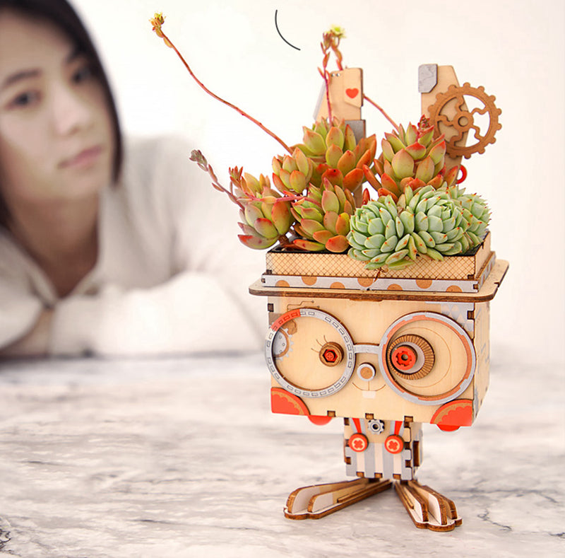 3D Wooden Robot Puzzle Game Creative Flower Pot Storage Box Penholder Models  for Children Adult FT761 by Woody Signs Co. - Handmade Crafted Unique Wooden Creative
