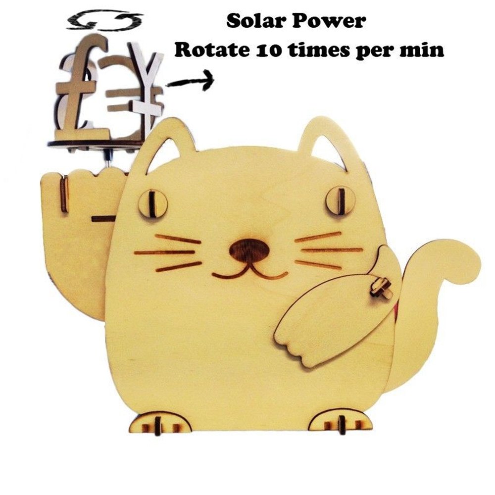 Scientific Educational DIY Solar Kits Plywood Solar Fortune Cat Piggy Bank Wooden Lucky Cat Money Box Cat DIY Kit Coin Bank by Woody Signs Co. - Handmade Crafted Unique Wooden Creative