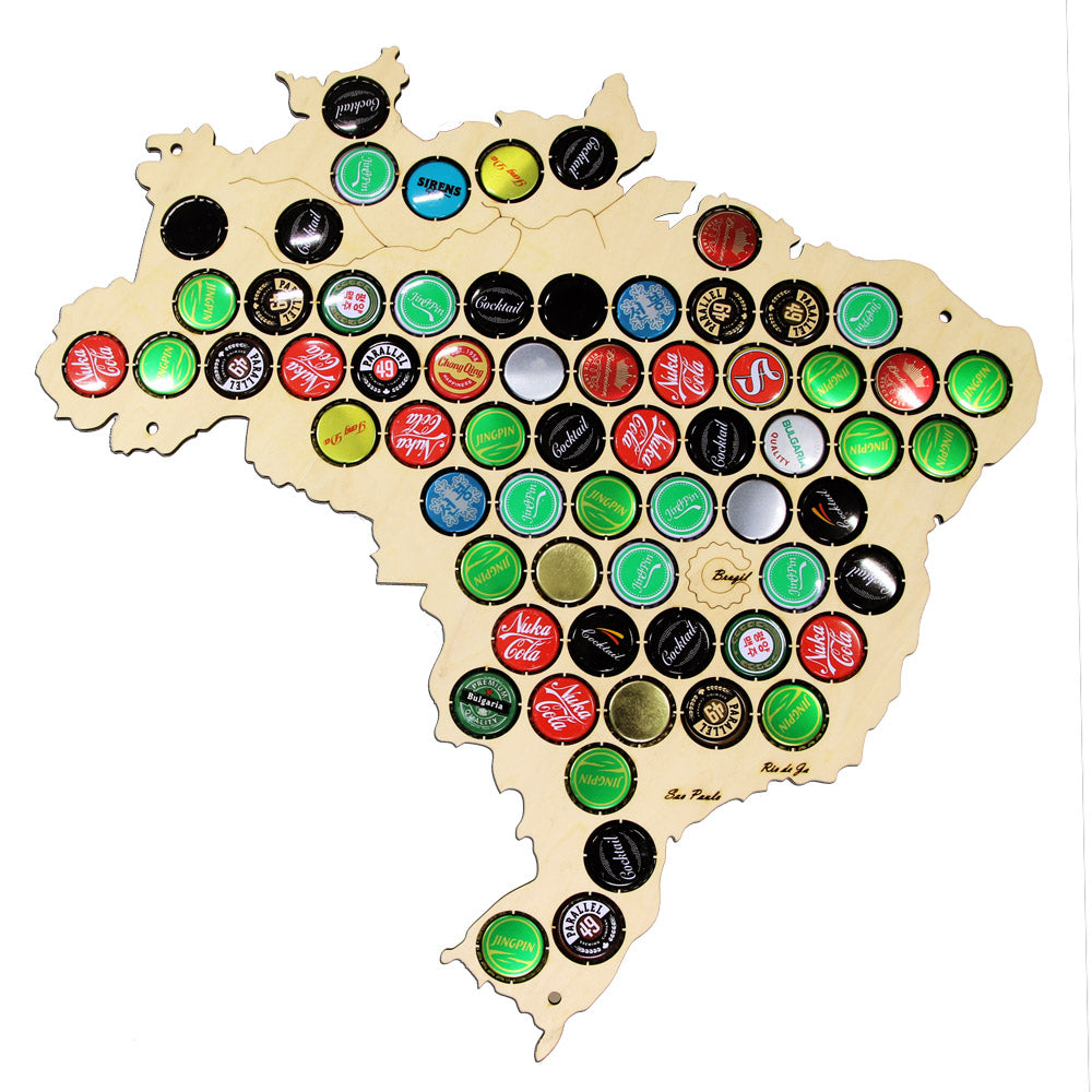 Brazil  Cap Map Brazilian Wooden   Cap Trap Soda Pop Caps Display Map Of Brasil  Cap  Plywood  Craft Map by Woody Signs Co. - Handmade Crafted Unique Wooden Creative