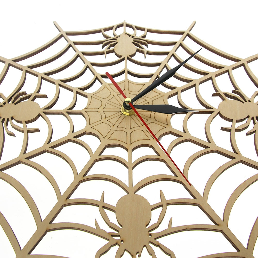 Modern Cob Web Wall Clock in Natural Wood Halloween Nightmare Creepy Spider Wooden Wall Clock Onyx Man Cave by Woody Signs Co. - Handmade Crafted Unique Wooden Creative