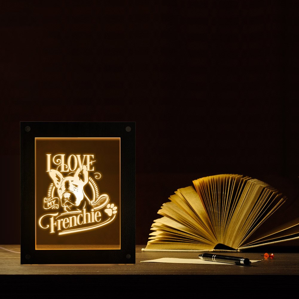 French Bulldog Led Lighting Photo Frame I Love My Frenchie Wooden LED Night Light Display Dog Lovers Living Room USB Desk Lamp by Woody Signs Co. - Handmade Crafted Unique Wooden Creative