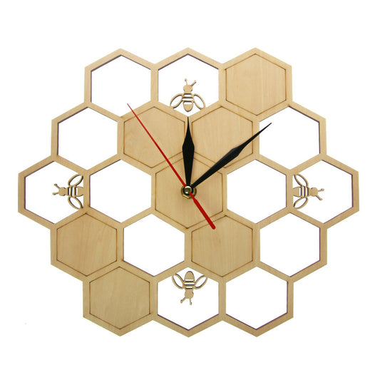 Bees and Honeycomb Natural Wooden Wall Clock Hexagon Wall Art Wood Bee Honey Contemporary Clock Watch Home Living Room Decor by Woody Signs Co. - Handmade Crafted Unique Wooden Creative