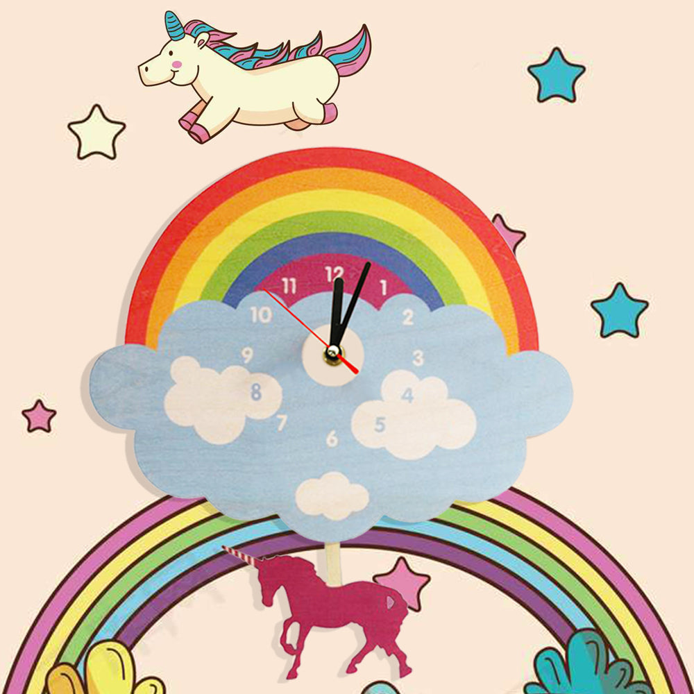 Rainbow Cloud Wall Clock With Swinging Unicorn Laser Cut Wooden Magical Unicorn Wall Clock Unicorn Bedroom Decor Pendulum Clock by Woody Signs Co. - Handmade Crafted Unique Wooden Creative