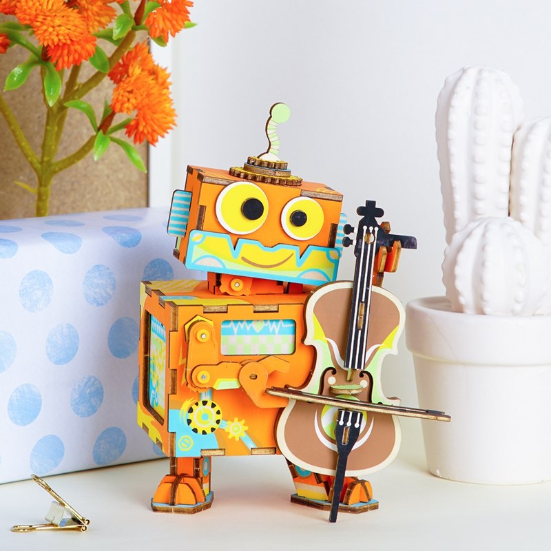 DIY 3D Little Robot Performer Wooden Puzzle Game Assembly Moveable Music Box Toy Gift for Children Kids Adult AMD53 by Woody Signs Co. - Handmade Crafted Unique Wooden Creative