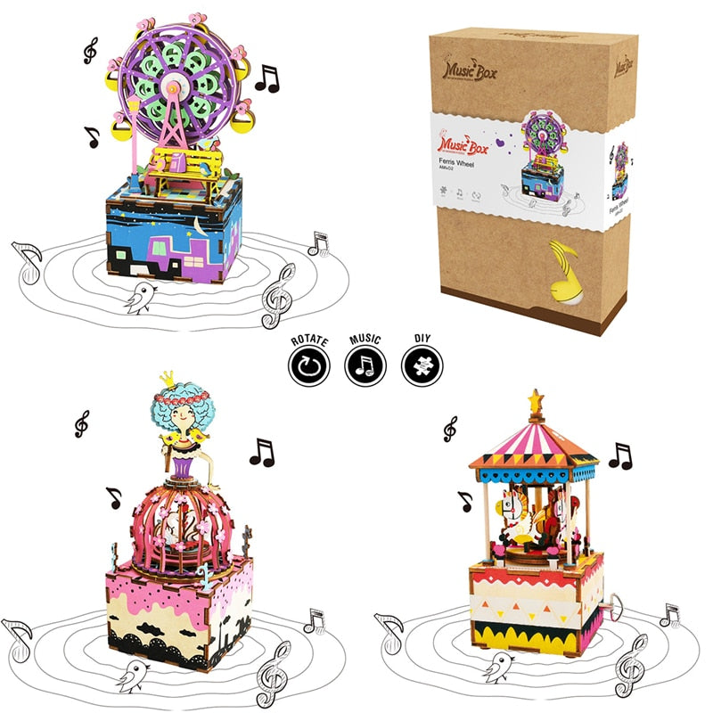 DIY 3D Wooden Carrousel Ferris Wheel Puzzle Game Assembly Rotatable Music Box Toy Gift for Children Kids Adult AM402 by Woody Signs Co. - Handmade Crafted Unique Wooden Creative