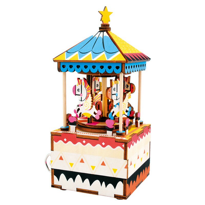 DIY Merry-go-round 3D Wooden Puzzle Game Assembly Rotatable Music Box Toy Gift for Children Adult AM304 by Woody Signs Co. - Handmade Crafted Unique Wooden Creative