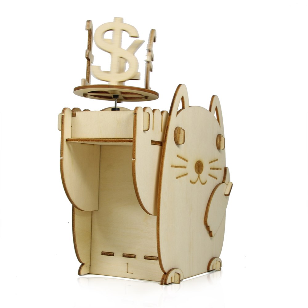 Scientific Educational DIY Solar Kits Plywood Solar Fortune Cat Piggy Bank Wooden Lucky Cat Money Box Cat DIY Kit Coin Bank by Woody Signs Co. - Handmade Crafted Unique Wooden Creative