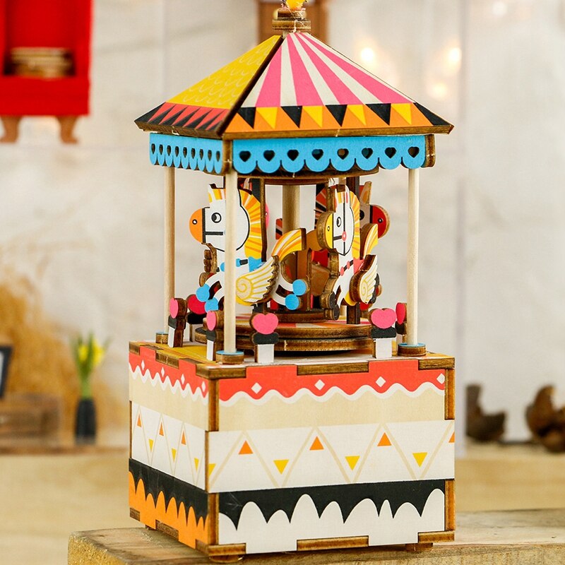 DIY Merry-go-round 3D Wooden Puzzle Game Assembly Rotatable Music Box Toy Gift for Children Adult AM304 by Woody Signs Co. - Handmade Crafted Unique Wooden Creative