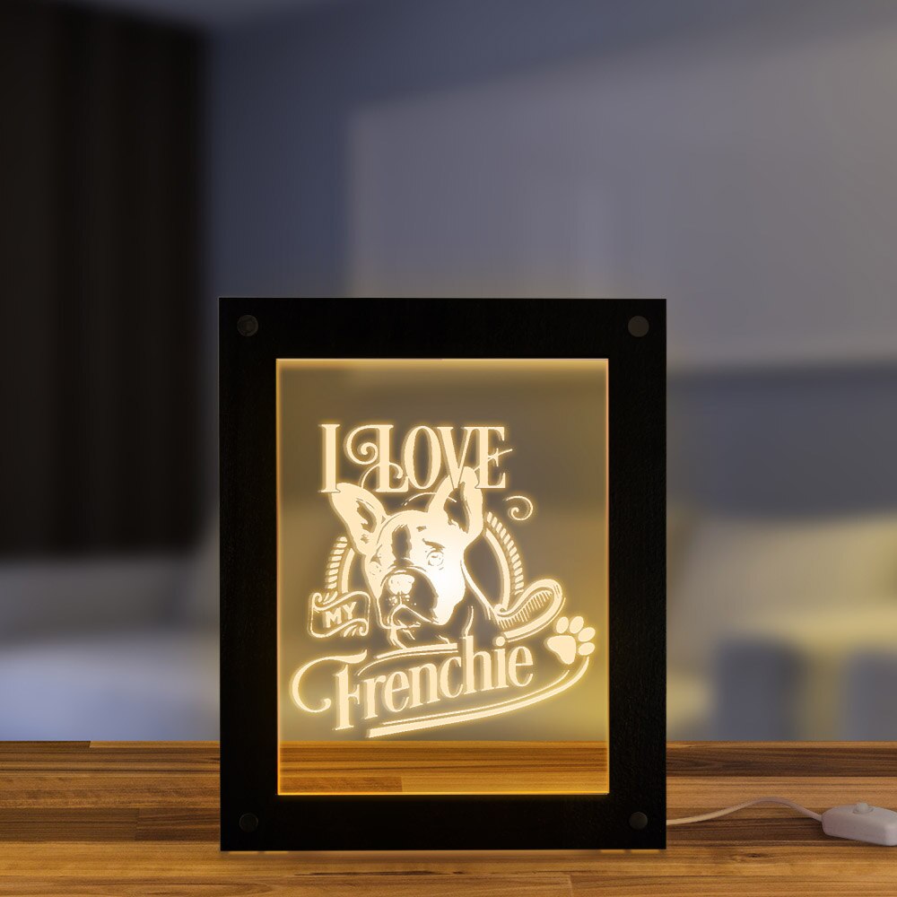 French Bulldog Led Lighting Photo Frame I Love My Frenchie Wooden LED Night Light Display Dog Lovers Living Room USB Desk Lamp by Woody Signs Co. - Handmade Crafted Unique Wooden Creative