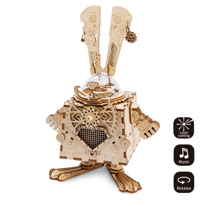 Creative DIY 3D Steampunk Rabbit Wooden Puzzle Game Assembly Music Box Toy Gift for Children Teens Adult AM481 by Woody Signs Co. - Handmade Crafted Unique Wooden Creative