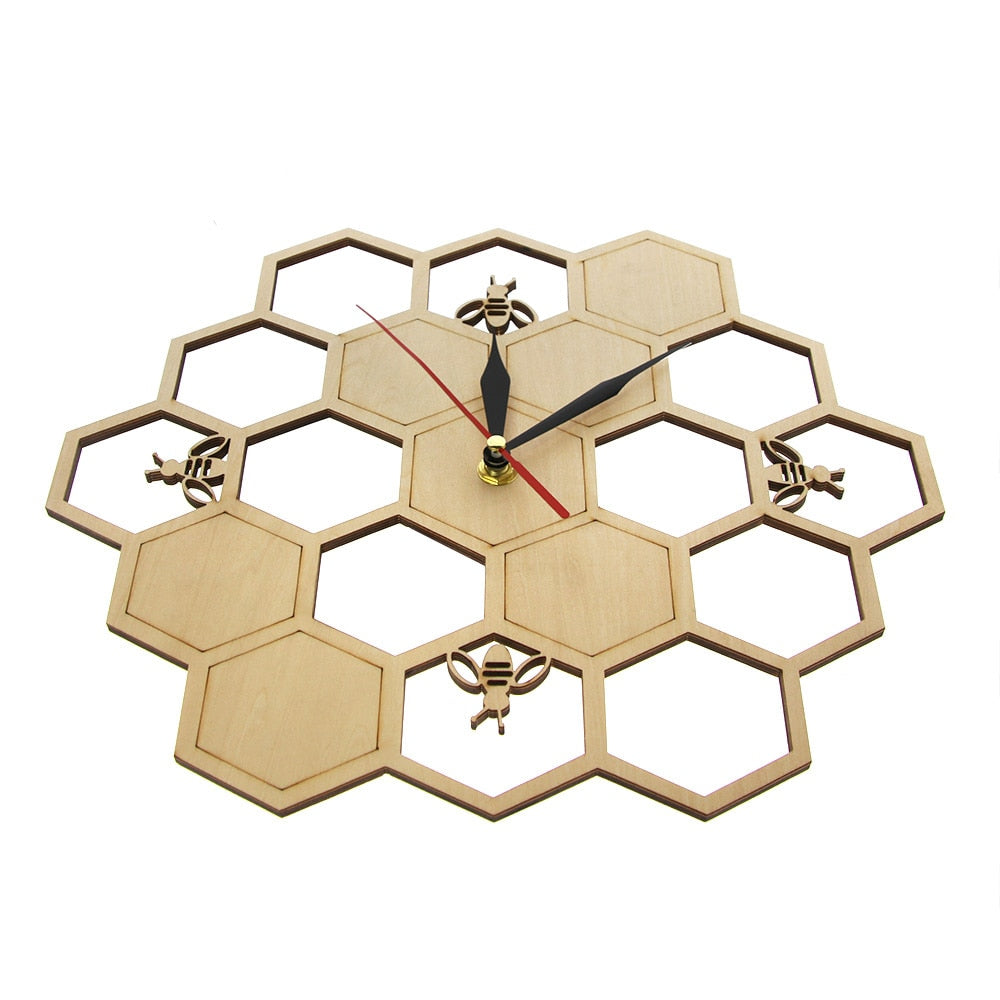 Bees and Honeycomb Natural Wooden Wall Clock Hexagon Wall Art Wood Bee Honey Contemporary Clock Watch Home Living Room Decor by Woody Signs Co. - Handmade Crafted Unique Wooden Creative
