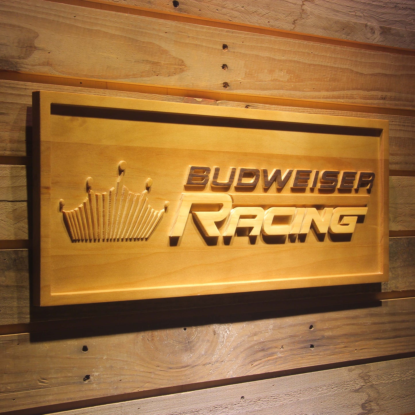 Budweiser Racing Car 3D Wooden Bar Signs by Woody Signs Co. - Handmade Crafted Unique Wooden Creative