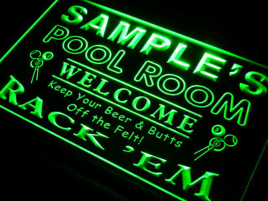 py Name  Custom Pool Room Rack 'em Bar  Neon Light Light Signs by Woody Signs Co. - Handmade Crafted Unique Wooden Creative