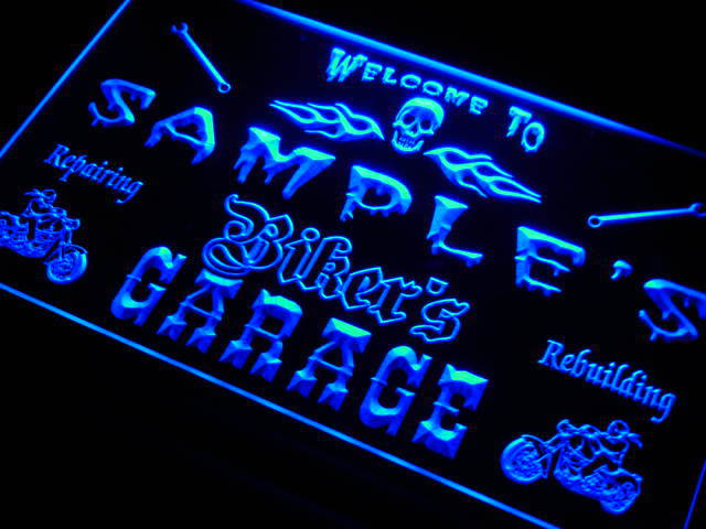 qu Name  Custom Biker's Garage Motorcycle Repair Bar Neon Light Signs with On/Off Switch 7 Colors 4 Sizes by Woody Signs Co. - Handmade Crafted Unique Wooden Creative