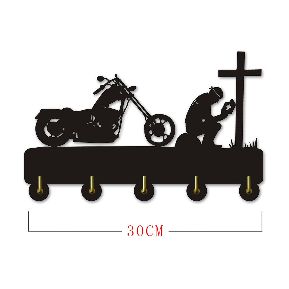 Biker Praying At Cross Motorcycle Wall Hook For Clothes Bag Keyring Creative Hanger Motorbike Riders Motorcyclist by Woody Signs Co. - Handmade Crafted Unique Wooden Creative