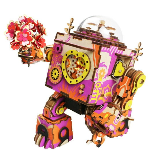 Limited Edition Colorful Robot Wooden DIY 3D Puzzle Game Steampunk Music Box Toy Gift for Children Lover Friends by Woody Signs Co. - Handmade Crafted Unique Wooden Creative
