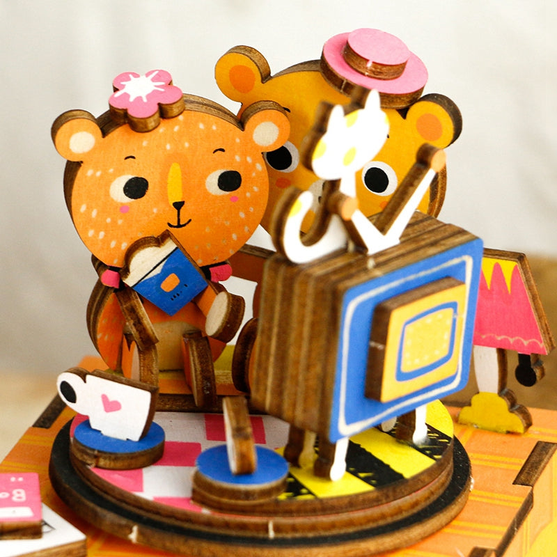 DIY Cute Bear 3D Wooden Puzzle Game Assembly Rotatable Music Box Toy Gift for Children Adult AM310 by Woody Signs Co. - Handmade Crafted Unique Wooden Creative