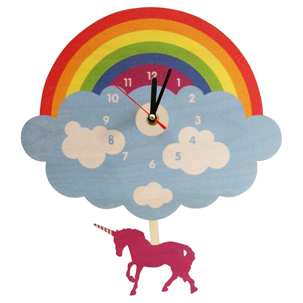 Rainbow Cloud Wall Clock With Swinging Unicorn Laser Cut Wooden Magical Unicorn Wall Clock Unicorn Bedroom Decor Pendulum Clock by Woody Signs Co. - Handmade Crafted Unique Wooden Creative