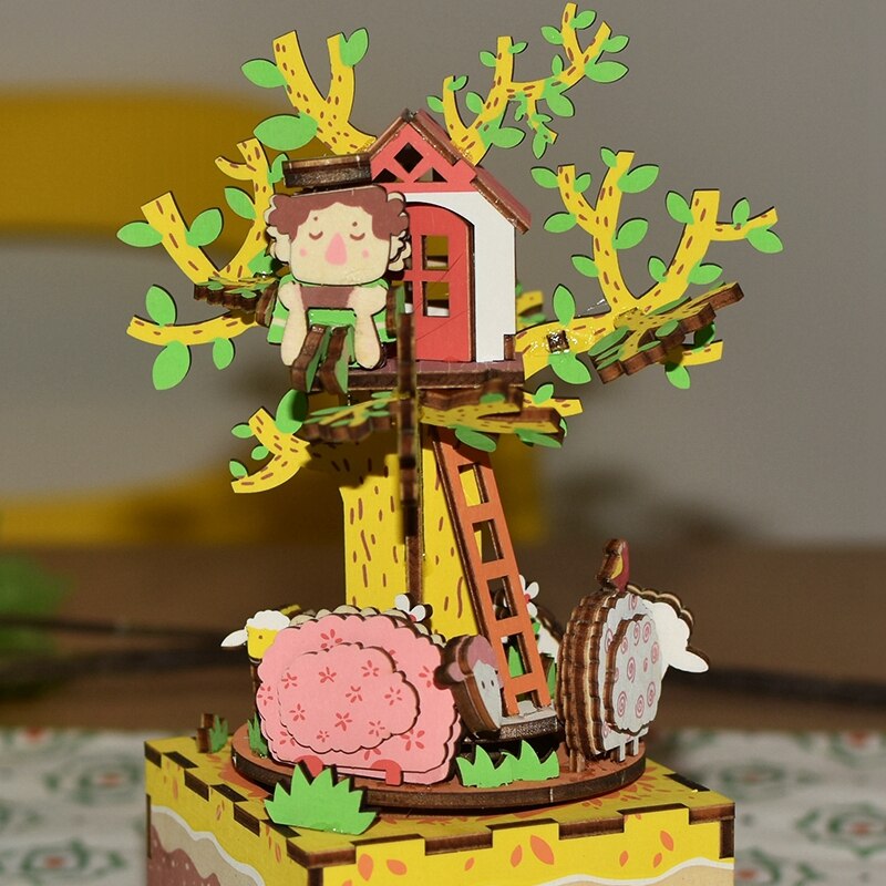 DIY Tree House 3D Wooden Puzzle Game Assembly Rotatable Music Box Toy Gift for Children Adult AM408 by Woody Signs Co. - Handmade Crafted Unique Wooden Creative