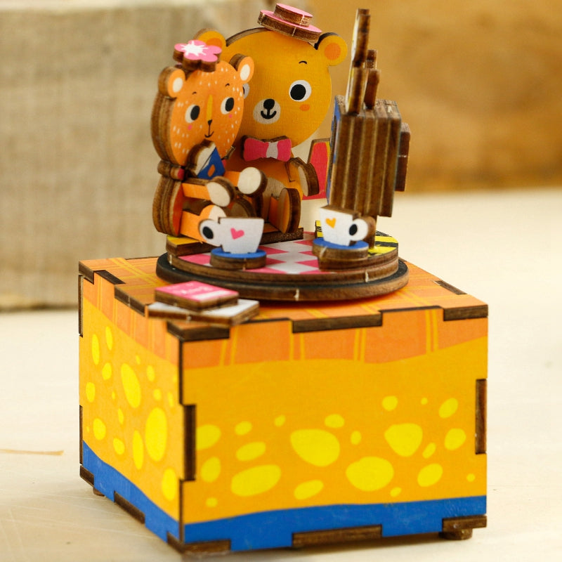 DIY Cute Bear 3D Wooden Puzzle Game Assembly Rotatable Music Box Toy Gift for Children Adult AM310 by Woody Signs Co. - Handmade Crafted Unique Wooden Creative