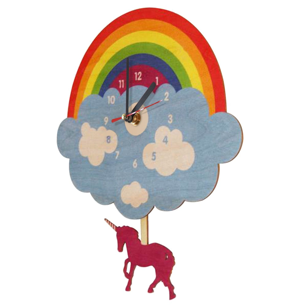 Rainbow Cloud Wall Clock With Swinging Unicorn Laser Cut Wooden Magical Unicorn Wall Clock Unicorn Bedroom Decor Pendulum Clock by Woody Signs Co. - Handmade Crafted Unique Wooden Creative