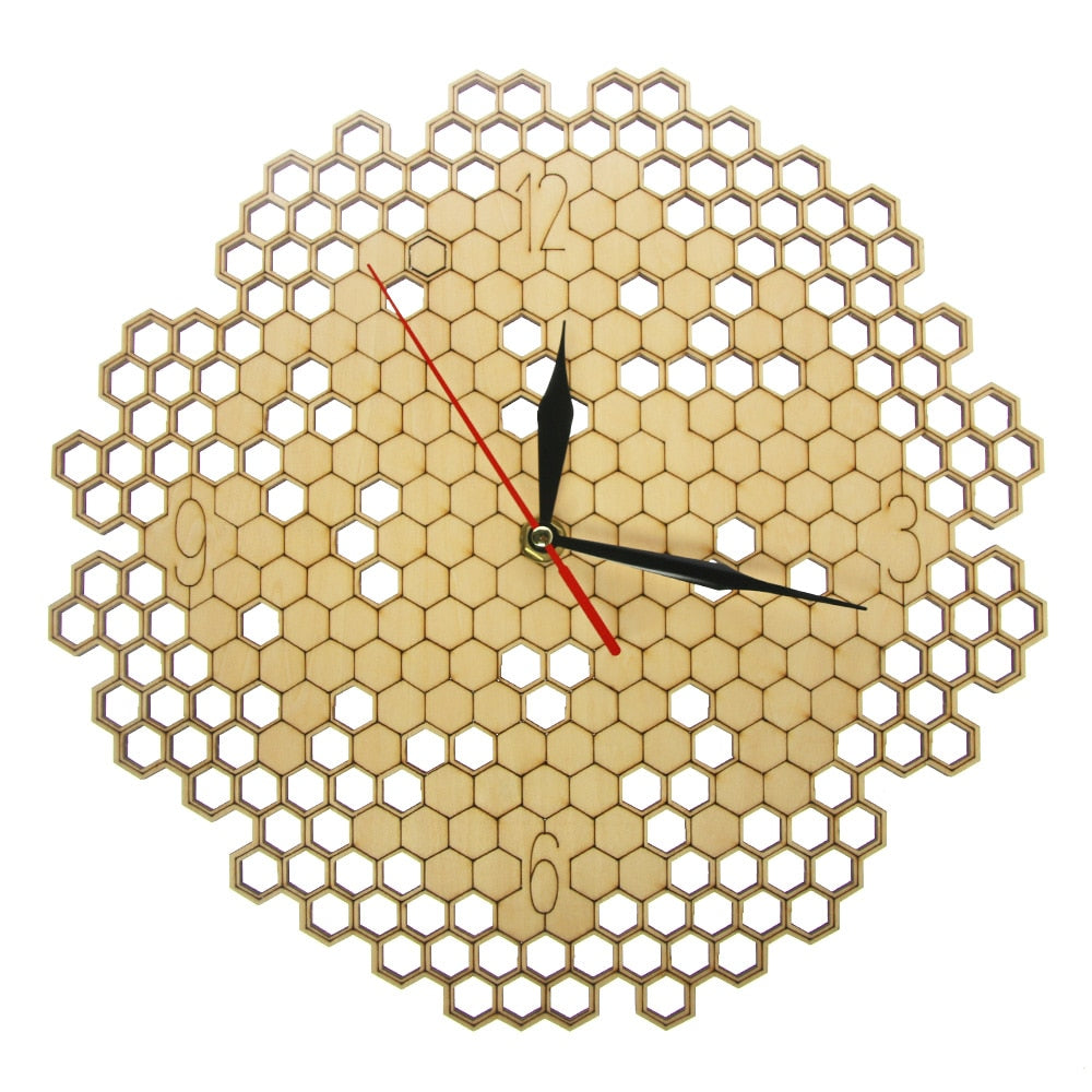 Honeycomb Wood Geometric Wall Clock Hexagon Minimalist Living Room Decor Hanging Natural Rustic Clock  Bee Lovers Gift by Woody Signs Co. - Handmade Crafted Unique Wooden Creative