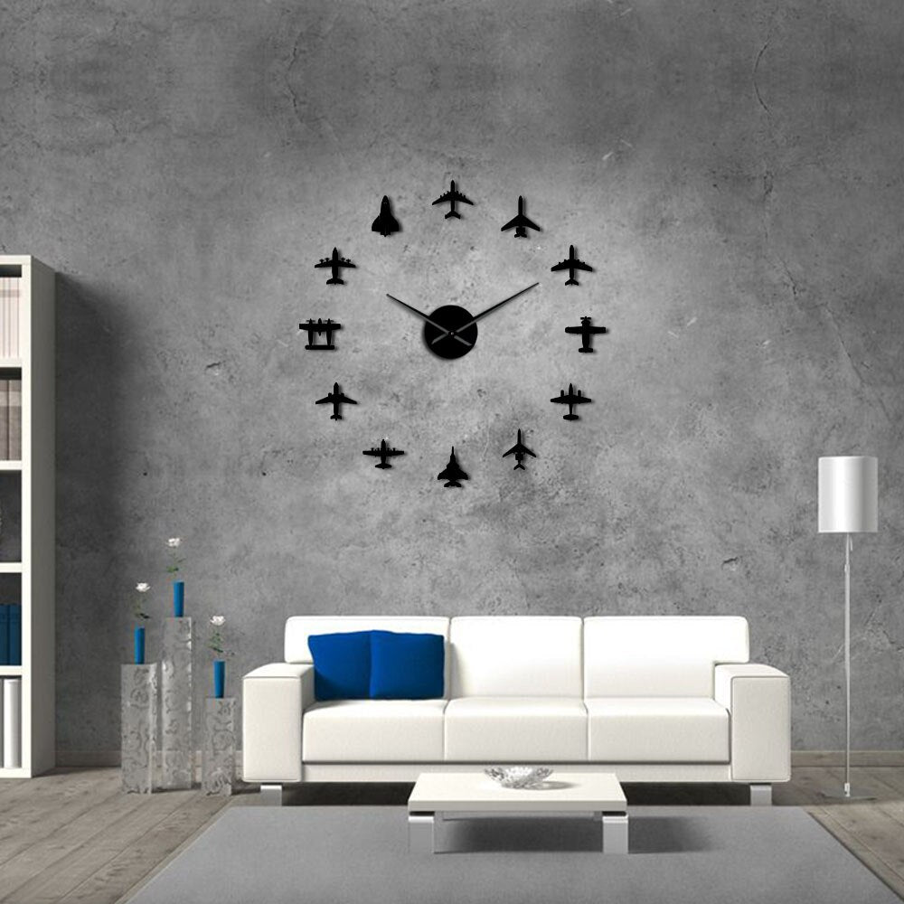 Flying Plane Fighter Jet Modern Large Wall Clock DIY Acrylic Mirror Effect Sticker Airplane Silent Wall Clock Aviator by Woody Signs Co. - Handmade Crafted Unique Wooden Creative