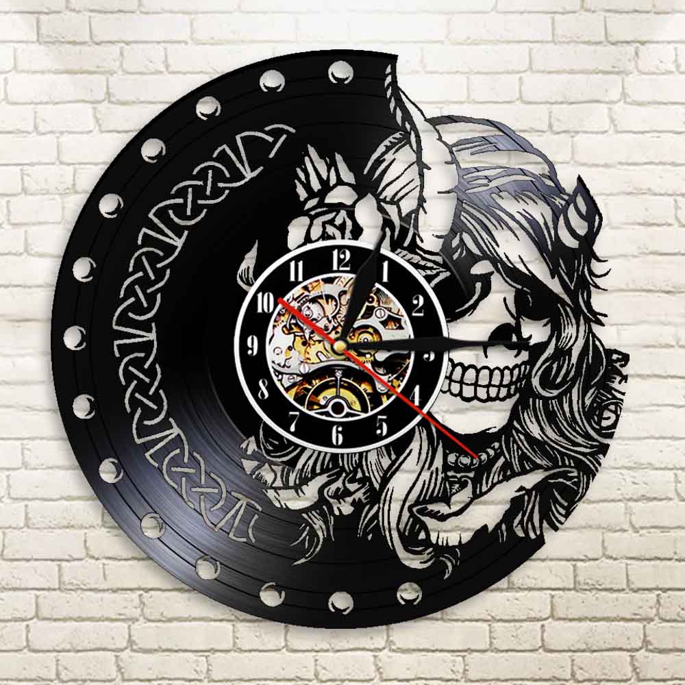 Mysterious Norse Magick Vinyl Record Mute Quartz Wall Clock Beauty Female Viking Skull Head Skeleton Girls Retro Hanging Watch by Woody Signs Co. - Handmade Crafted Unique Wooden Creative