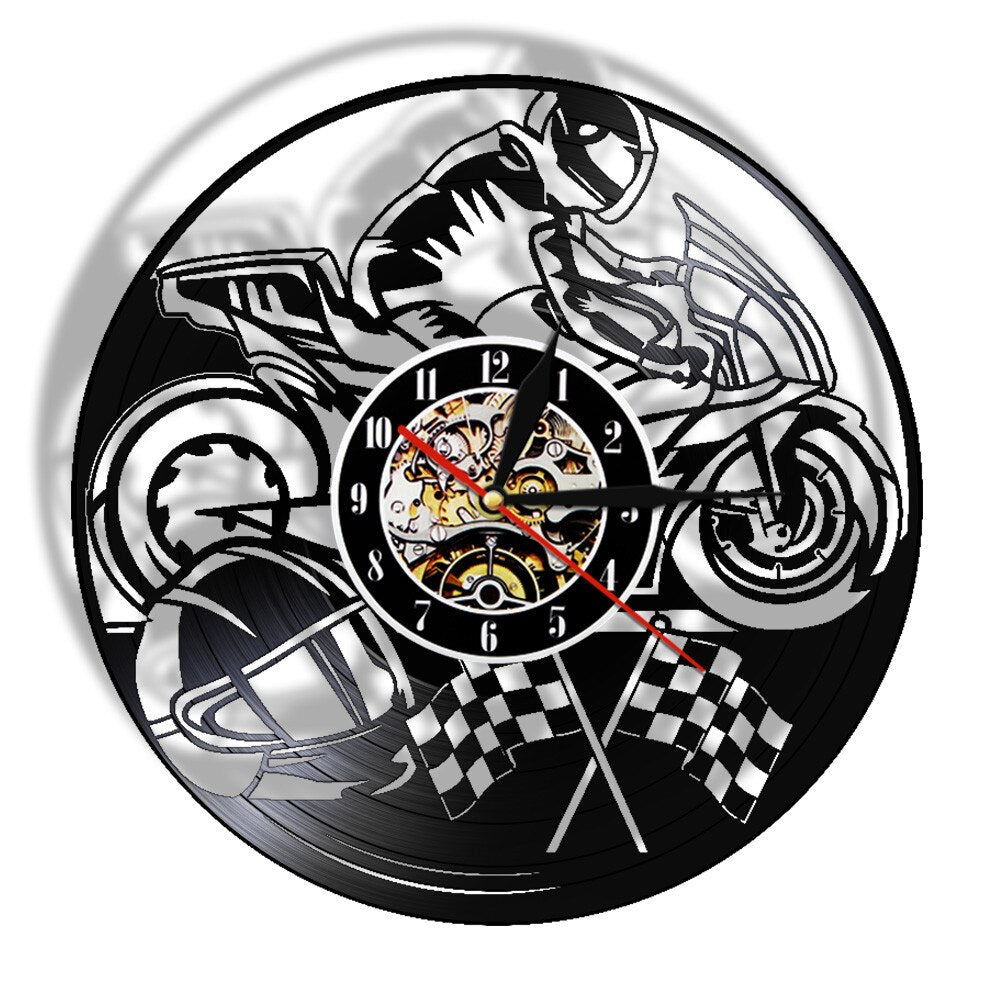 Motorcycle Vinyl Record Wall Clock Motorbike  Clock Motorcyclist Racer Riders Gift Home Art Modern Wall Hanging Decor by Woody Signs Co. - Handmade Crafted Unique Wooden Creative