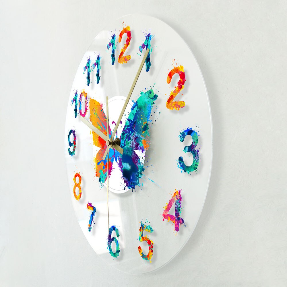 Colorful Numbers Modern Wall Clock Watercolor Butterfly Painting Art Hanging Timepiece Giclee Fine Art Print Silent Wall Clock by Woody Signs Co. - Handmade Crafted Unique Wooden Creative