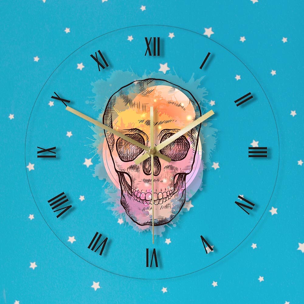 Watercolor Skull Head With Vintage Roman Numerals  Wall Clock Hand Drawn Scary Skeleton Head Retro Acrylic by Woody Signs Co. - Handmade Crafted Unique Wooden Creative