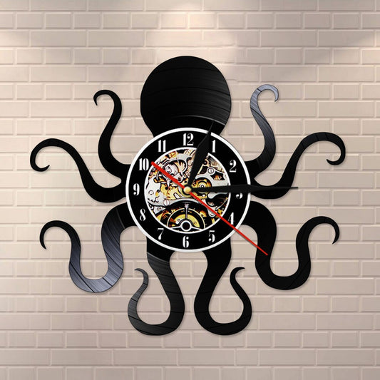 Retro Octopus Mollusk Vinyl Record Wall Clock With LED Backlight Kraken Octopus Ocean Animal LED Night Light Modern Clock Watch by Woody Signs Co. - Handmade Crafted Unique Wooden Creative