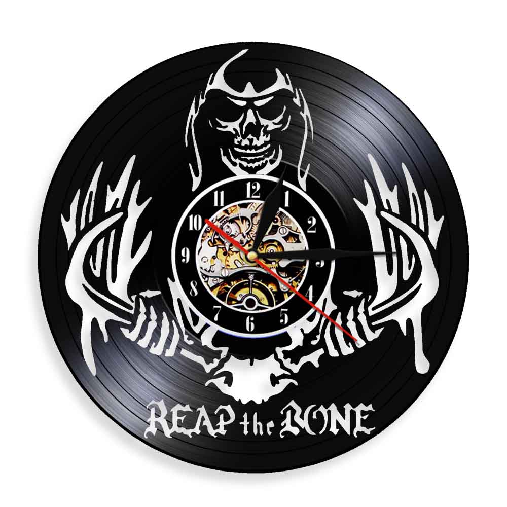 Reap The Bone Grim Reaper Horror Skeleton  Spooky Wall Clock Halloween Decor Death Skull Killer Vinyl Record Wall Clock by Woody Signs Co. - Handmade Crafted Unique Wooden Creative