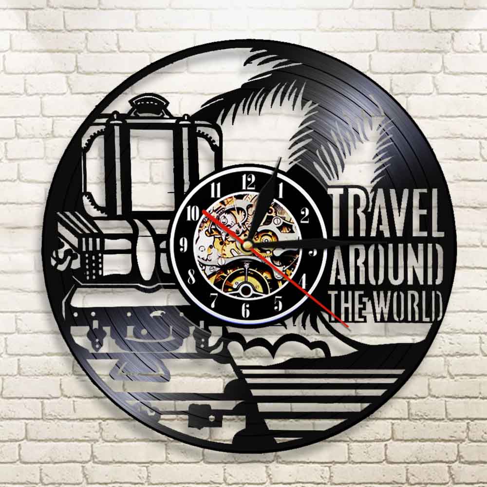 Travel Around The World Vacation Tourism Wall Clock Travel Doodles Vinyl Record Wall Clock Travel Planner by Woody Signs Co. - Handmade Crafted Unique Wooden Creative