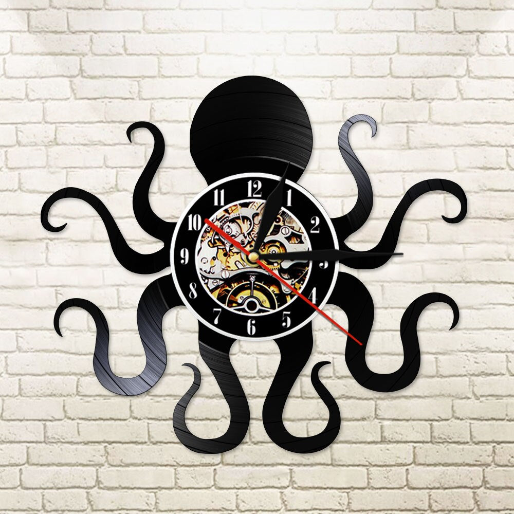 Retro Octopus Mollusk Vinyl Record Wall Clock With LED Backlight Kraken Octopus Ocean Animal LED Night Light Modern Clock Watch by Woody Signs Co. - Handmade Crafted Unique Wooden Creative