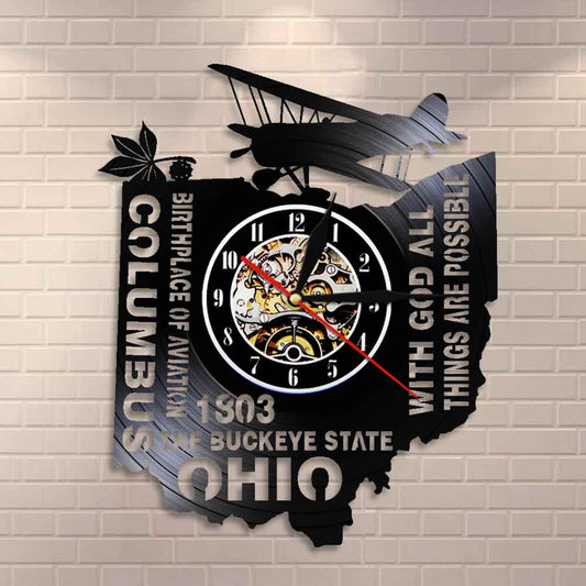 With God All Things Are Possible The Buckeye State Ohio Wall Clock Birthplace Of Aviation Columbus Vinyl Record Wall Clock Watch by Woody Signs Co. - Handmade Crafted Unique Wooden Creative