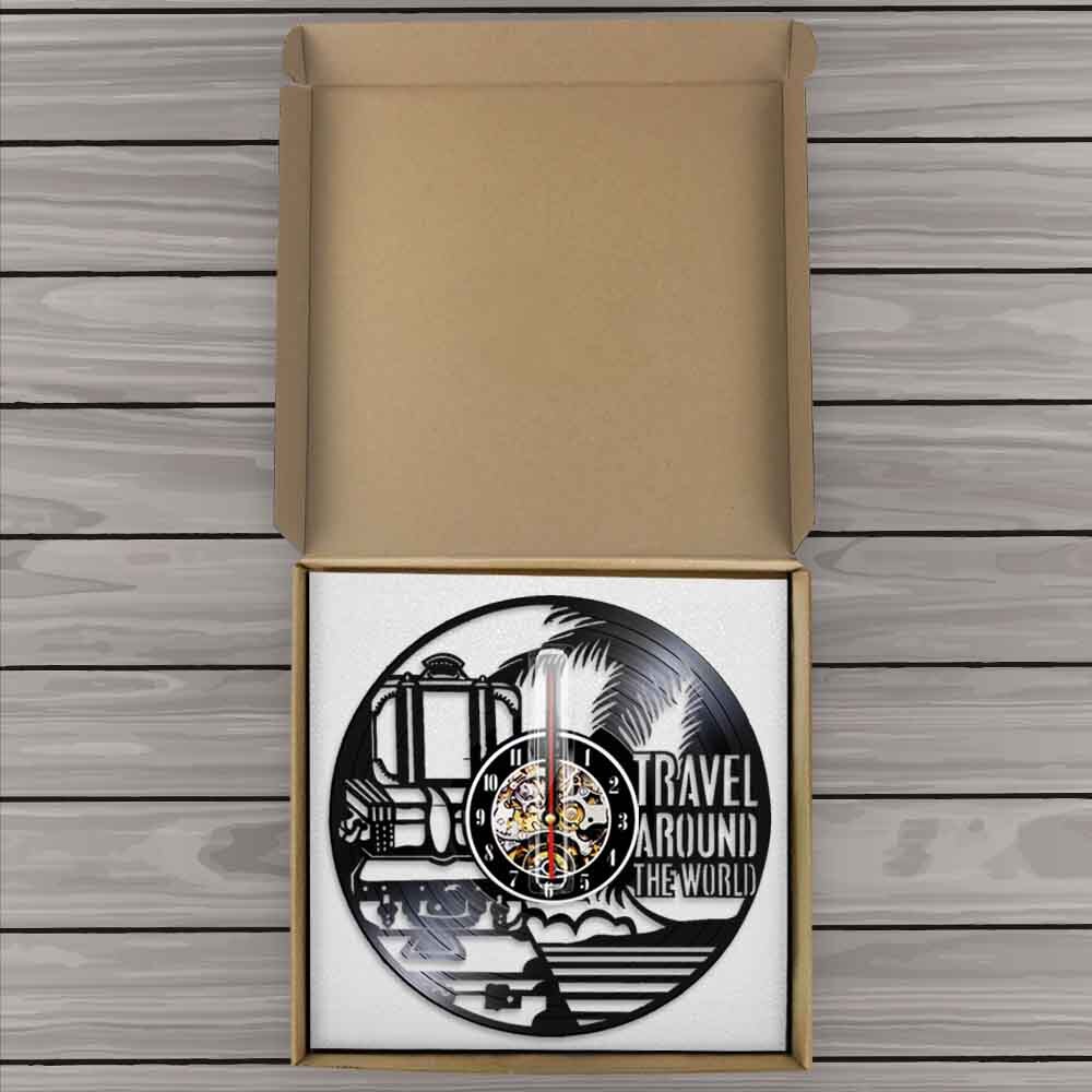 Travel Around The World Vacation Tourism Wall Clock Travel Doodles Vinyl Record Wall Clock Travel Planner by Woody Signs Co. - Handmade Crafted Unique Wooden Creative