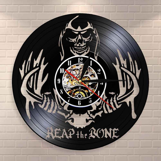Reap The Bone Grim Reaper Horror Skeleton  Spooky Wall Clock Halloween Decor Death Skull Killer Vinyl Record Wall Clock by Woody Signs Co. - Handmade Crafted Unique Wooden Creative