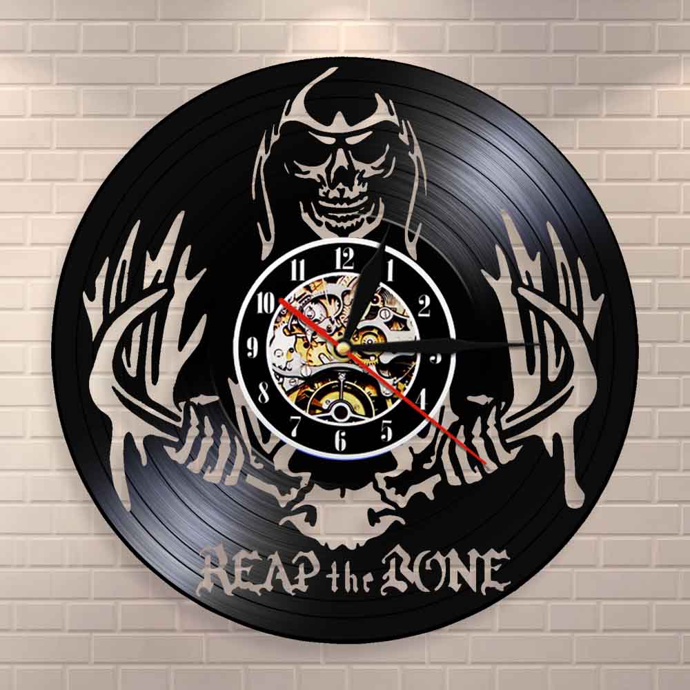 Reap The Bone Grim Reaper Horror Skeleton  Spooky Wall Clock Halloween Decor Death Skull Killer Vinyl Record Wall Clock by Woody Signs Co. - Handmade Crafted Unique Wooden Creative